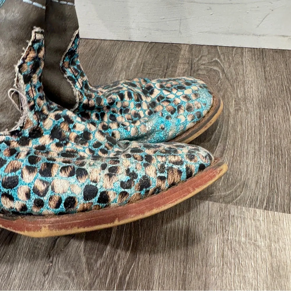 Roper Glitter Leopard Print Boots Kids Girls 3 Brown Blue Western Rodeo